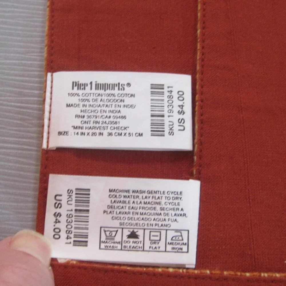 PIER 1 IMPORTS SET OF 4 MINI HARVEST CHECK COTTON WOVEN FABRIC LINED PLACE MATS